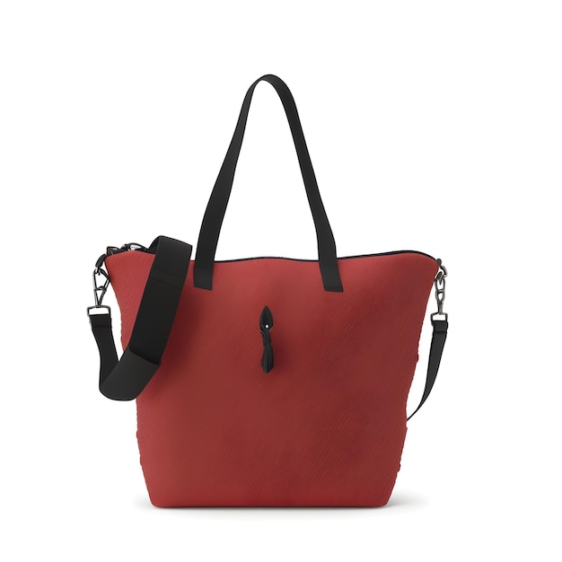 A red bag with a black strap and a black strap.