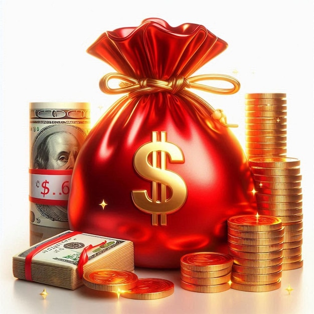 a red bag with a gold dollar bill and a red bag of money and a can of money