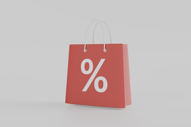 Red bag with white inscription of percent discount 3d render