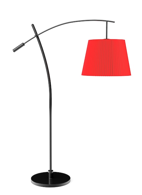 Red balanced floor lamp on a white background