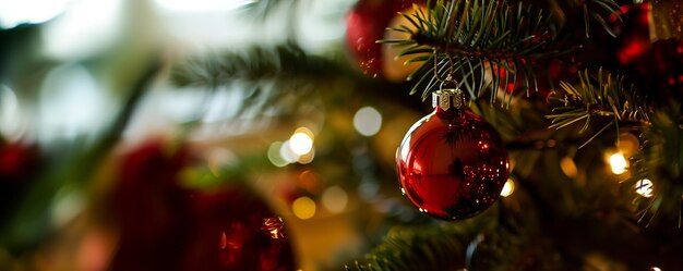 a red ball hangs from a christmas tree