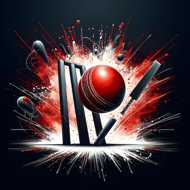 red ball hitting the wicket stumps with bat on black abstract splash background for cricket fever