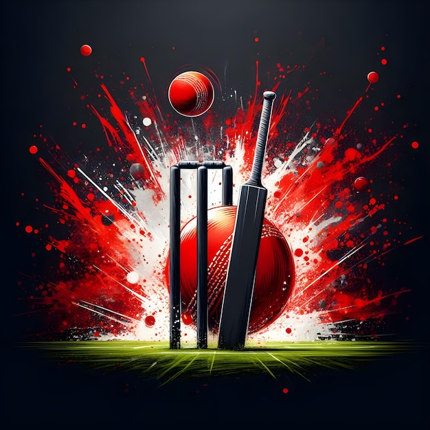 red ball hitting the wicket stumps with bat on black abstract splash background for cricket fever