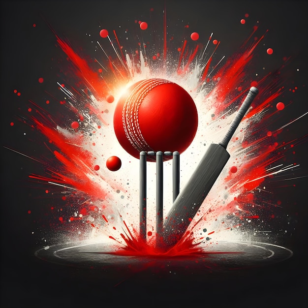 red ball hitting the wicket stumps with bat on black abstract splash background for cricket fever