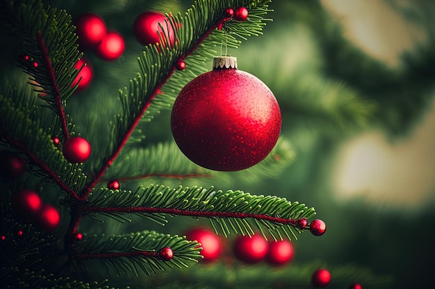 Red ball on a twig of an indoor Christmas tree