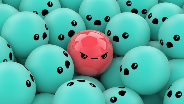 A red ball with an angry face among many blue balls with a curious face 3D rendering background