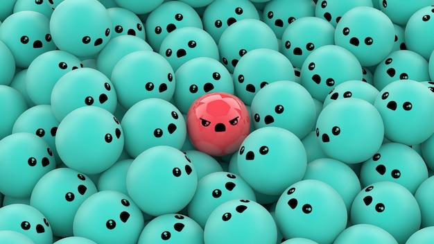 A red ball with an angry face among many blue balls with a curious face 3D rendering background