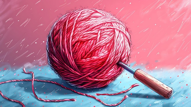 A red ball of yarn with a wooden needle on a blue surface with a pink background