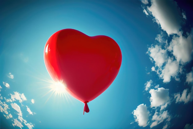 Red balloon in heart shape flying on the air with blue sky background Valentines day concept Generative AI