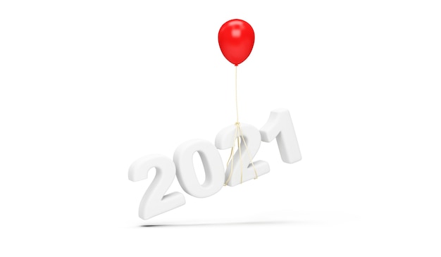 Red Balloon lifting 2021 New Year Symbol on white background