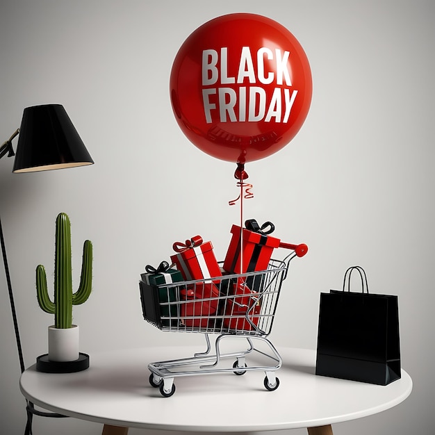 Photo red balloon with black friday text floating above shopping cart with gift boxes on white table