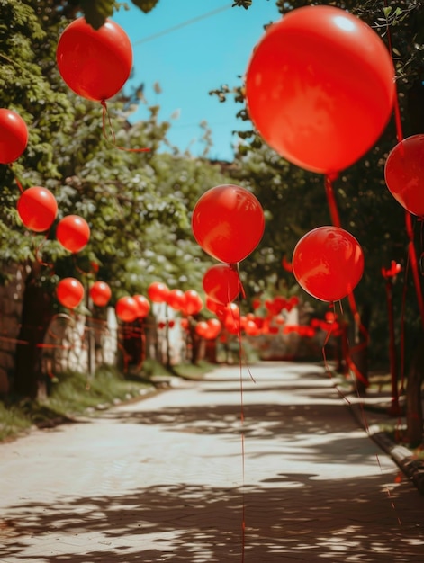 Red balloons in flight