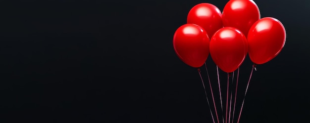 Photo red balloons on the right side against black background banner with copy space to the left for text