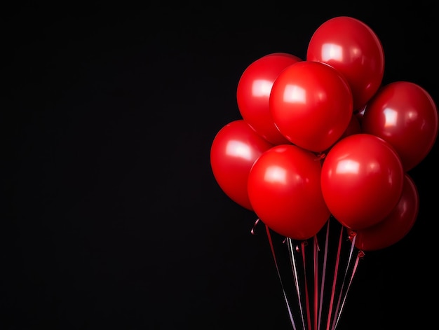 Photo red balloons on the right side against black background web banner with copy space to the left for