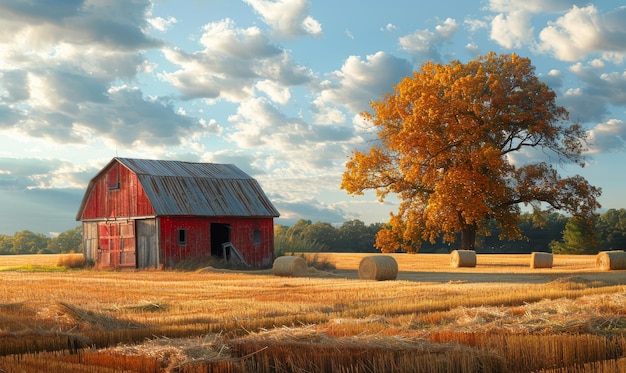 Red barn and hay bales sit in field on sunny autumn day