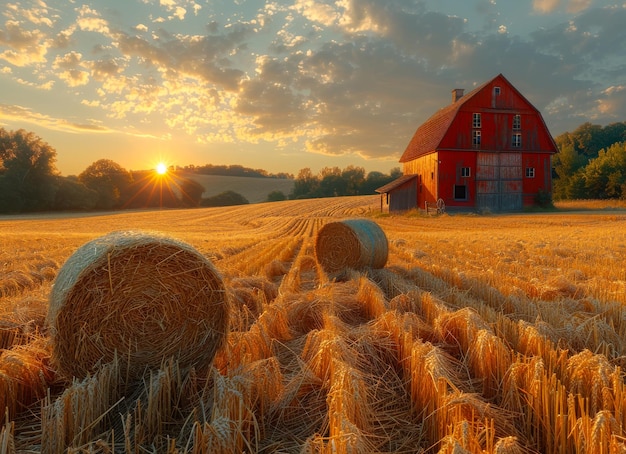 Red barn and hay bales sit in field at sunset