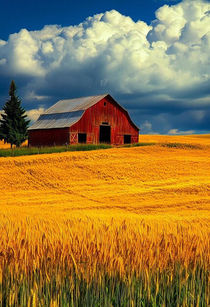 Photo a red barn in the middle of a field of yellow wheat