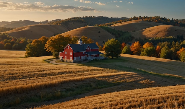 Photo a red barn sits in a field of brown grass