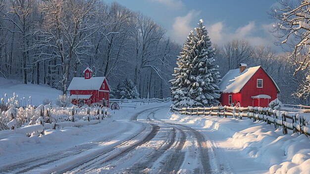 a red barn in the snow