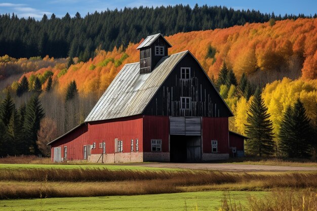 Photo a red barn with a barn on the side and a red barn in the background