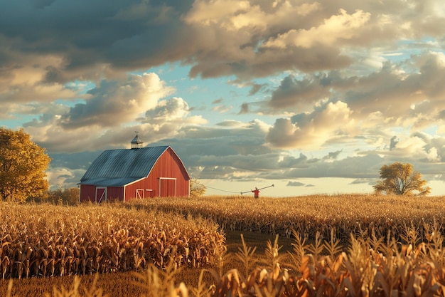 a red barn with a man in a field and a cloudy sky