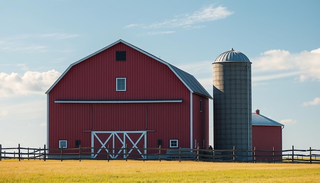 Photo a red barn with a red barn on the side and a red barn in the background