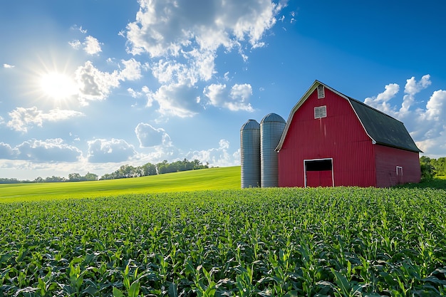 Red barn with silo in a field of corn under a blue sky with puffy clouds