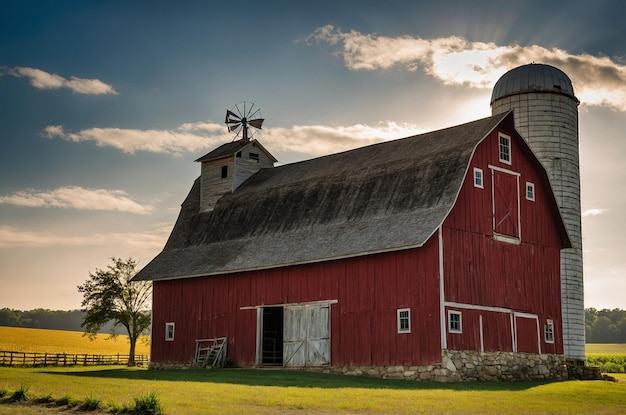 Photo a red barn with a windmill on the top and a sky background