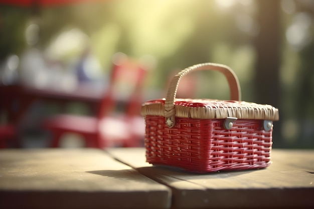 A red basket with a handle that says'picnic'on it