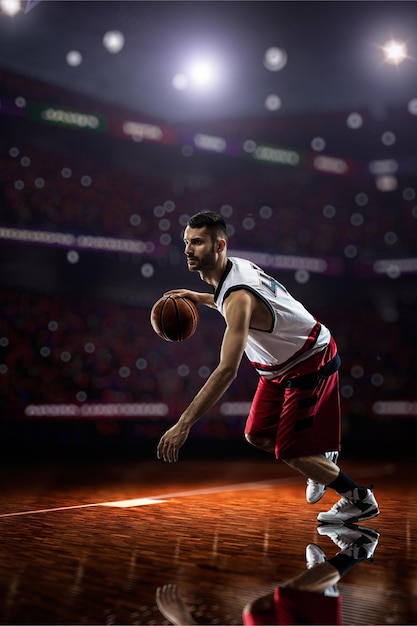 Red Basketball player in action in gym