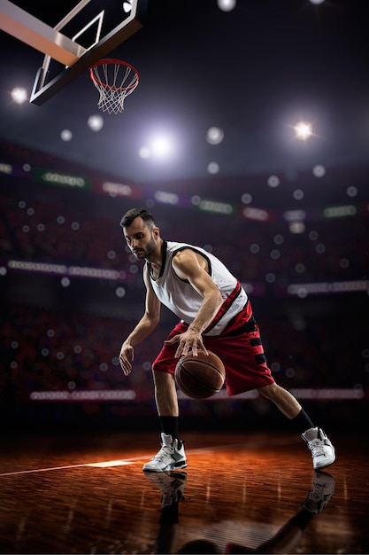 Red Basketball player in action in gym