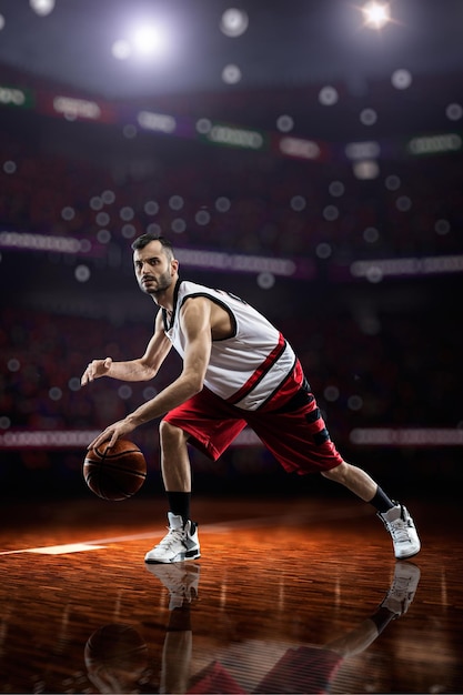 Red Basketball player in action in gym