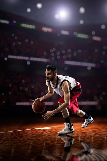 Red Basketball player in action in gym