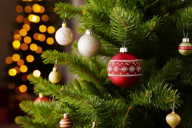 a red bauble hangs on a christmas tree