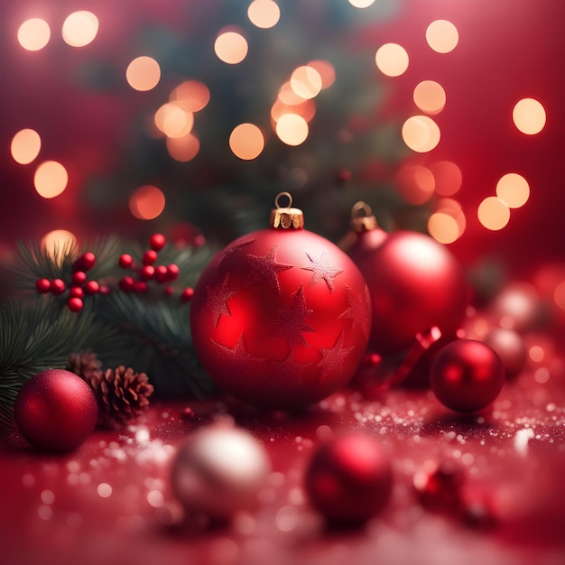 a red bauble is sitting in front of a christmas tree