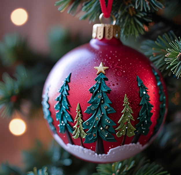 a red bauble with a gold star on it is hanging from a christmas tree