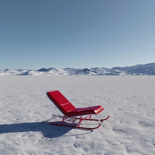 a red beach chair sits in the snow