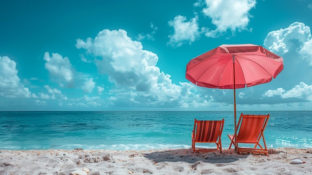 a red beach umbrella and chairs on a beach with a blue sky and clouds