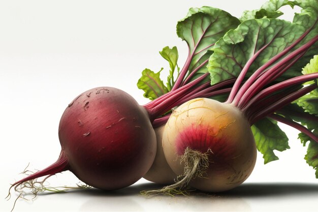 A red beet is next to a green leafy vegetable.