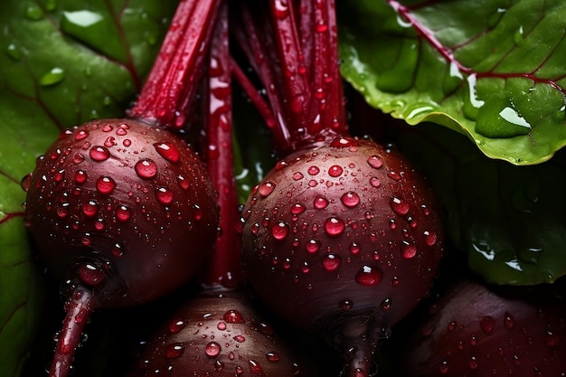 Red beetroot with drops of water and green leaves