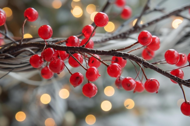 Red berries on the branches of a tree in the snow Winter background