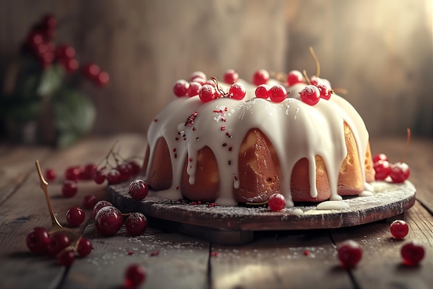 Red Berries and Icing on a Bundt Cake Sitting on a Table