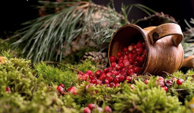 Red berries of ripe cranberries in a clay pot on a moss cover at forest floor