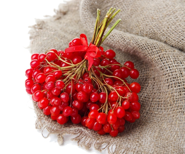 Red berries of viburnum on sackcloth napkin, isolated on white