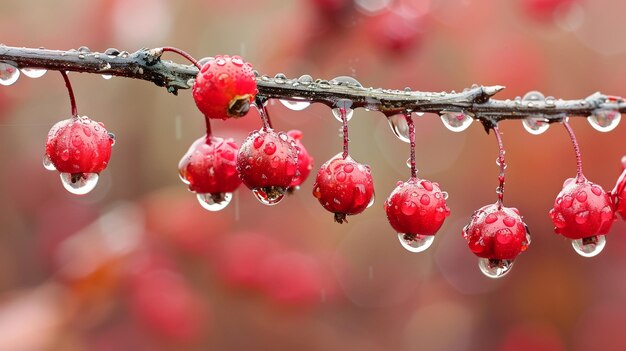 Red Berries with Drops of Water on a Branch Nature Freshness Autumn Macro Photography