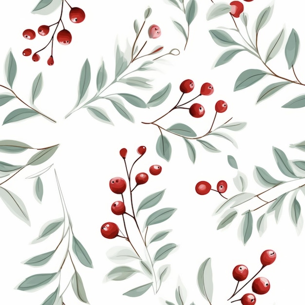 Red Berry And Eucalyptus Pattern Serenity And Harmony On White Background