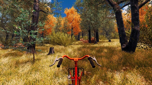 Red bicycle in a forest designed by computer in a virtual environment 3d render