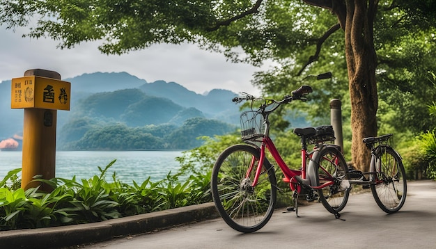 Photo a red bicycle is parked next to a tree with a lake in the background