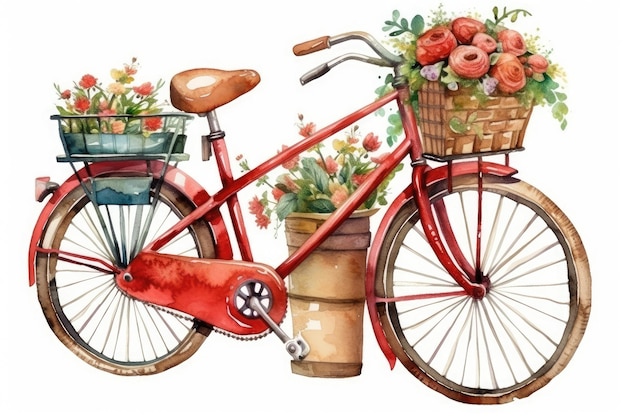 Red bicycle with a basket full of colorful flowers Generative AI