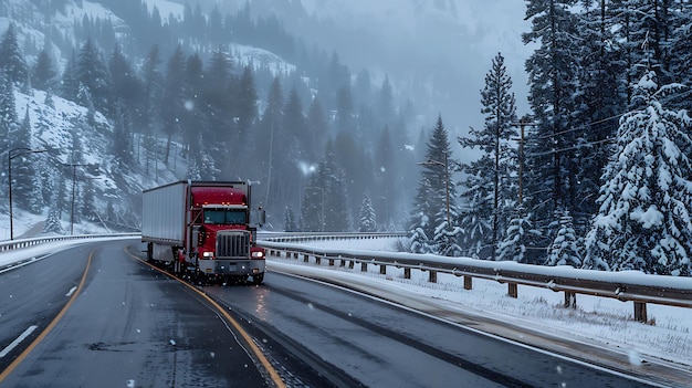 Photo red big rig semi truck with refrigerated with snow covered mountains in background